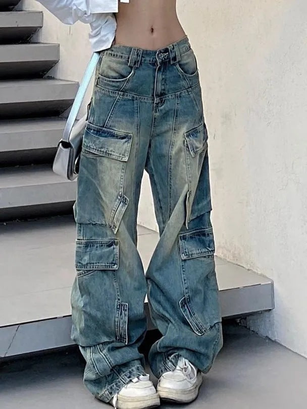 Women's Worn Look Washed-out Cargo Jeans