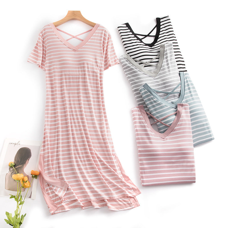 Women's Striped Short-Sleeved Nightdress With Chest Pad