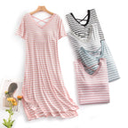 Women's Striped Short-Sleeved Nightdress With Chest Pad