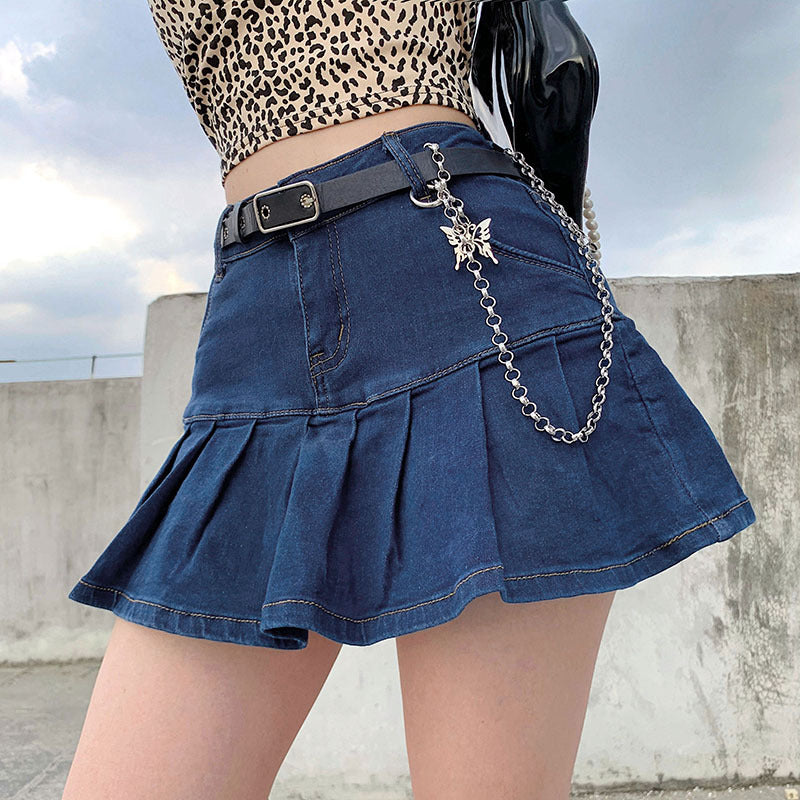 Women's High-Waisted Ruffled Lining Pleated Denim Skirt