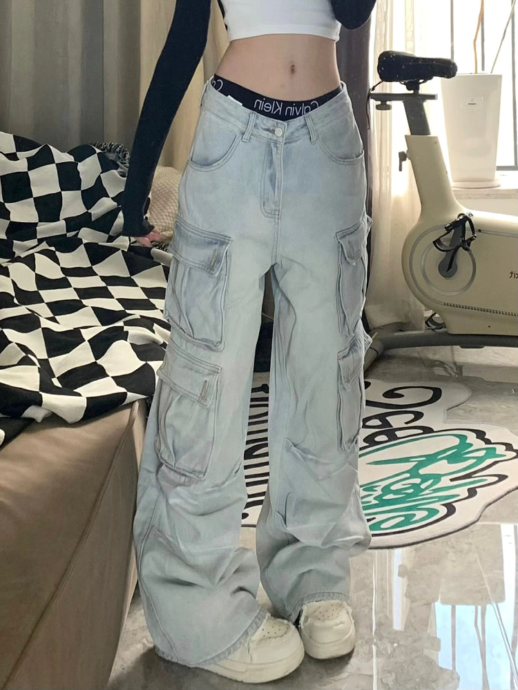 Women's Multi-pocket Light Blue Loose Jeans