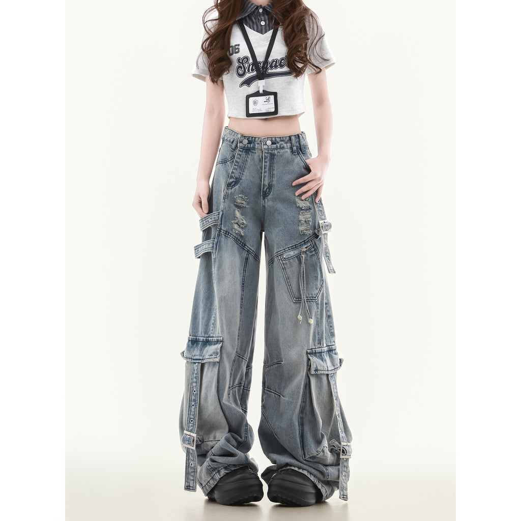 Men's And Women's Straight Loose Multi-pocket Cargo Jeans