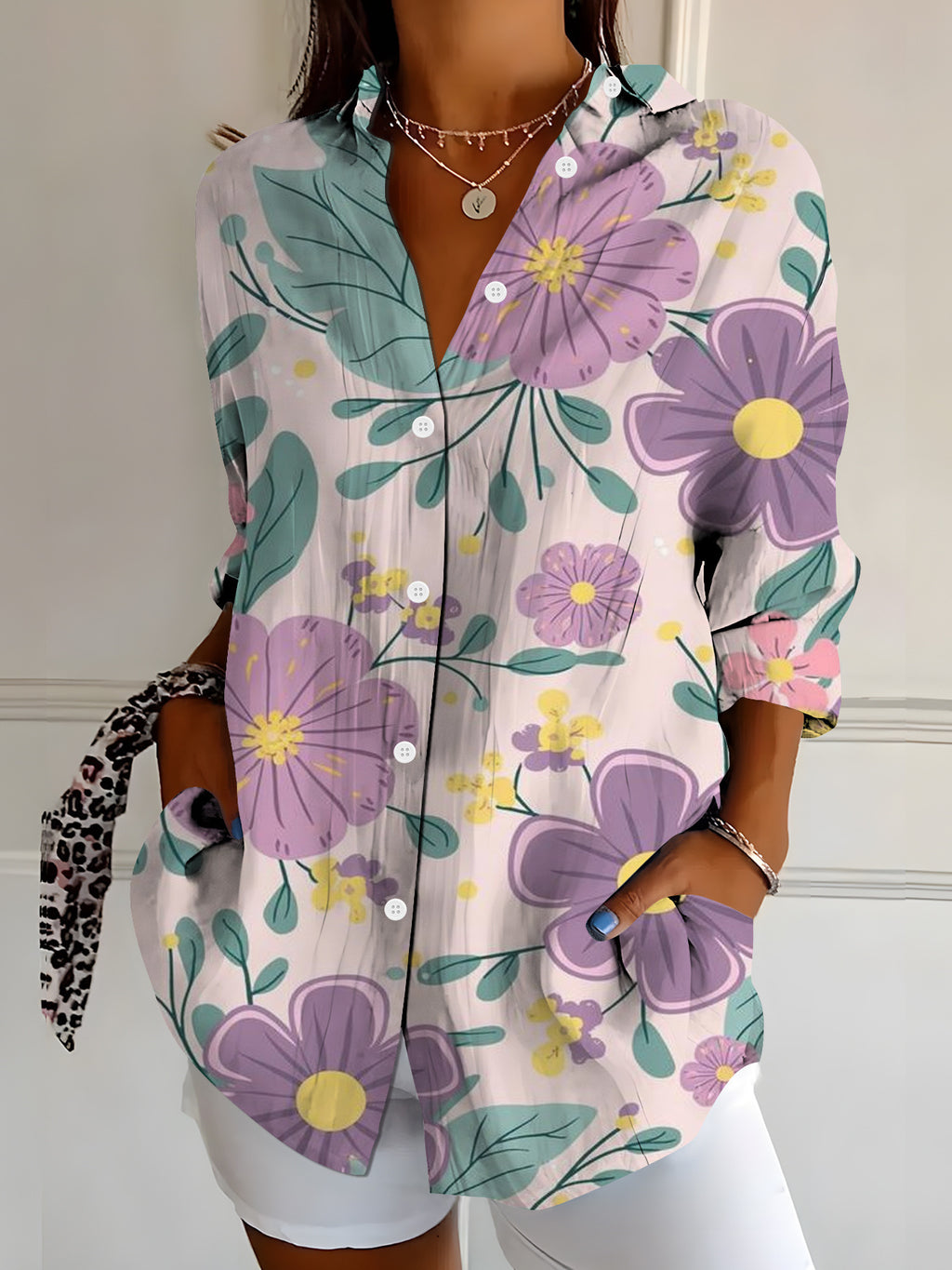 Women's Vibrant Colorful Floral-Patterned Long-Sleeve Shirt