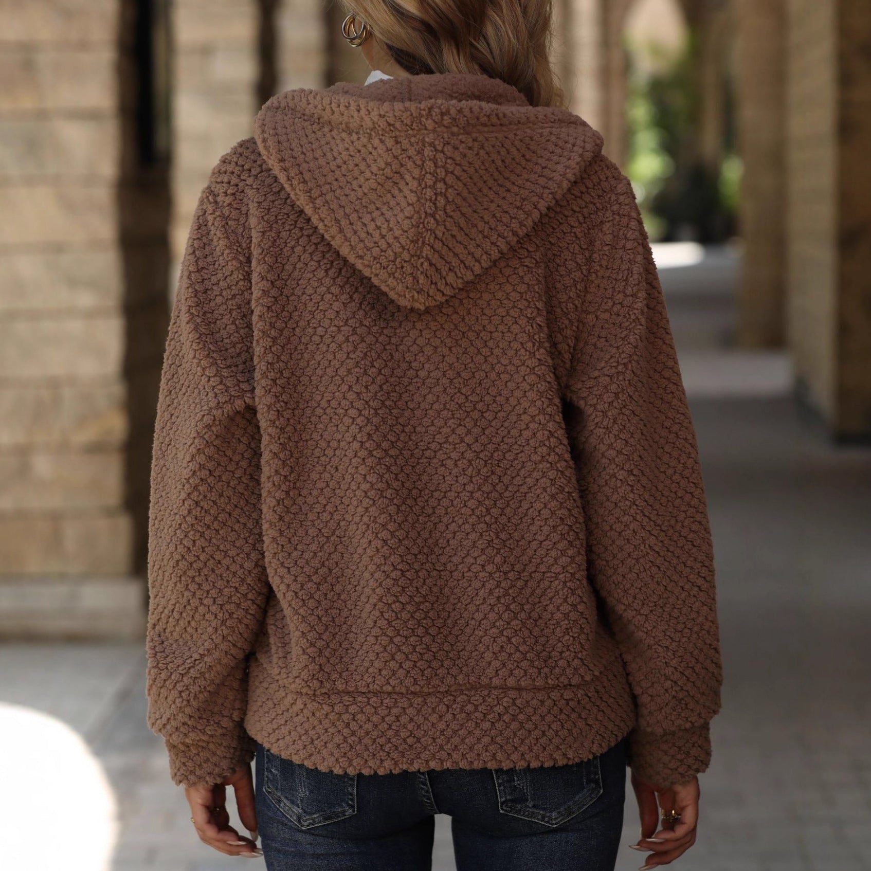 Women's Loose Pocket Hooded Zipped Sweater