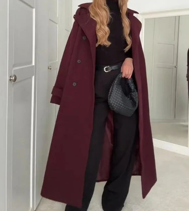 Women's Wine-Red Double-Breasted Trench Coat