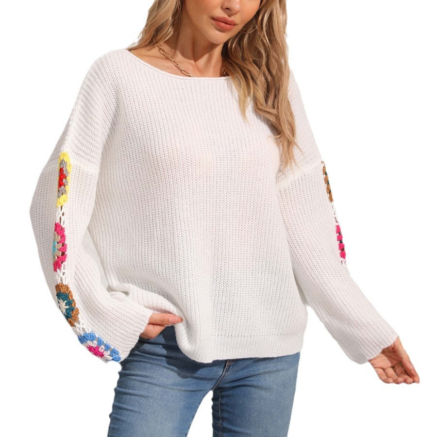 Women's Round Neck Collar Crocheted Pullover Sweater
