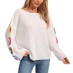 Women's Round Neck Collar Crocheted Pullover Sweater