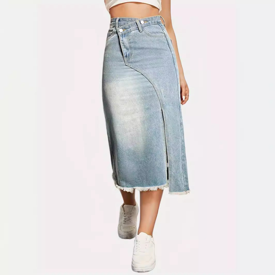 Women's Retro Denim Split Stitching Skirt