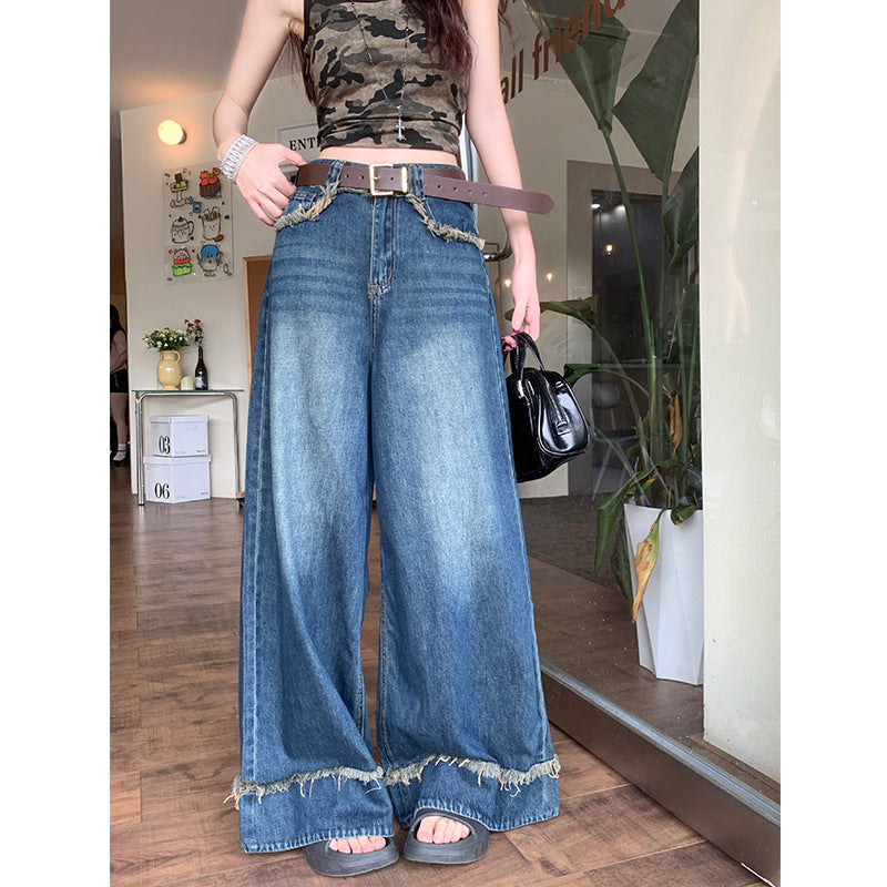 Women's Retro Ripped Hem Loose Wide-Legged Jeans