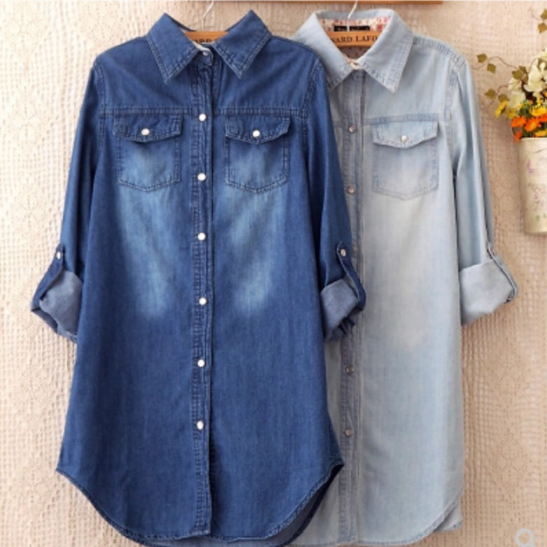Women's Mid-length Slim-Fit Denim Shirt
