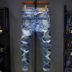 Men's Dark Blue Frayed Washed Jeans