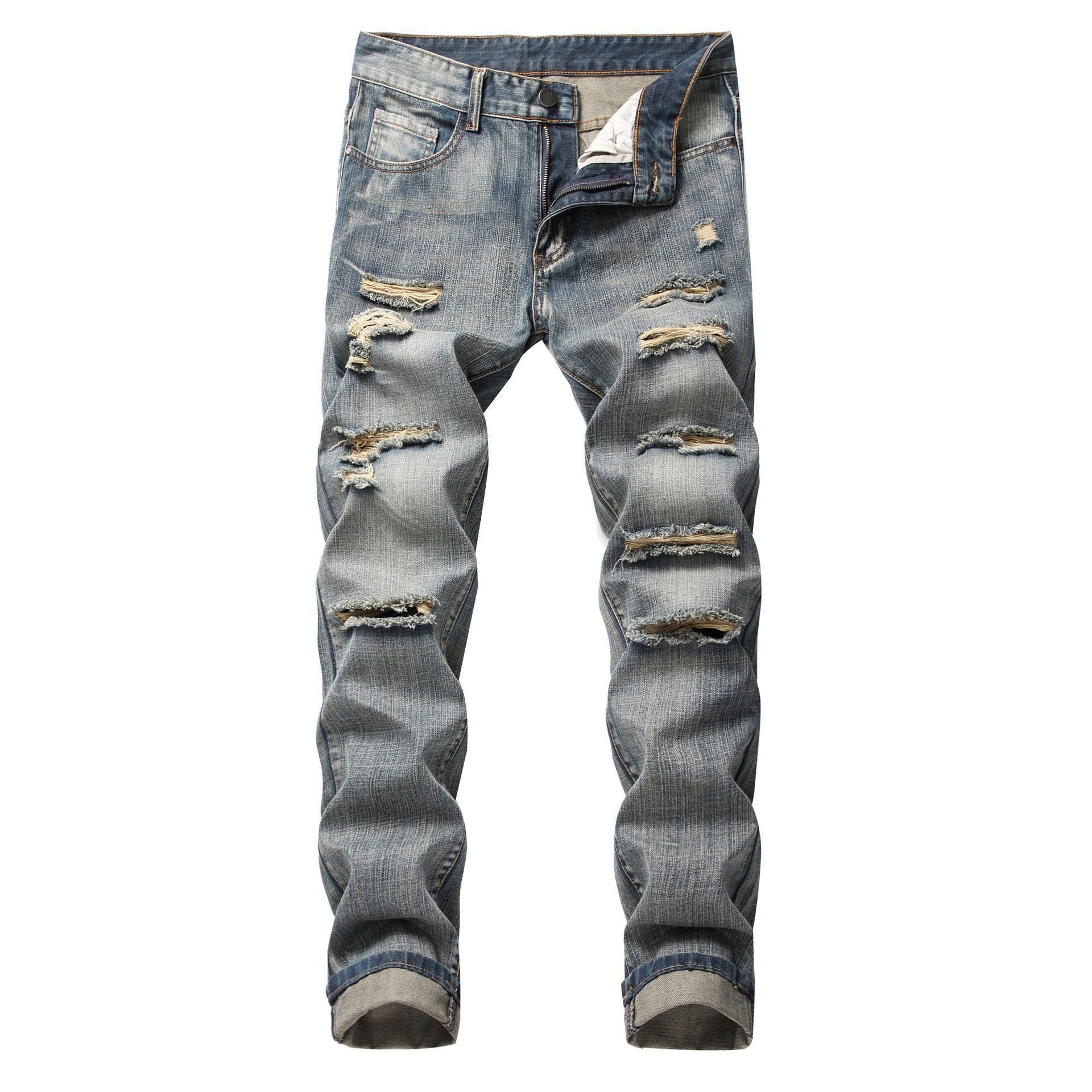 Men's Ripped Straight Non-stretch Jeans