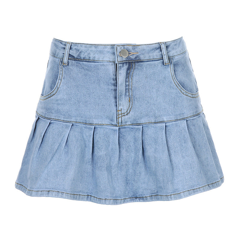 Women's High-Waisted Ruffled Lining Pleated Denim Skirt