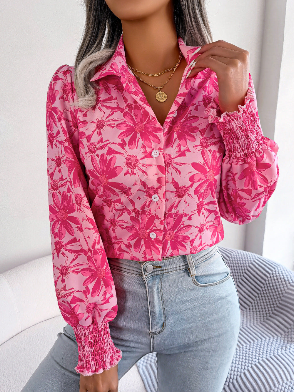 Women's Lantern Sleeve Flower Lapel Shirt