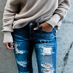 Women's Frayed Light Blue Ripped Slim Fit Jeans
