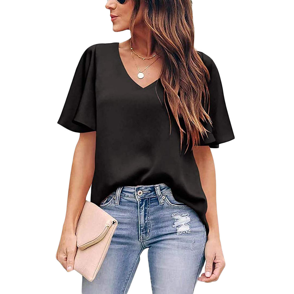 Women's Loose V-Neck Ruffle Sleeve Top