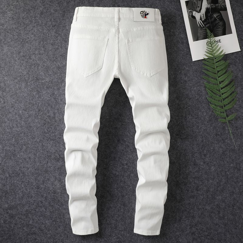 Men's White Color Patched Washed Jeans