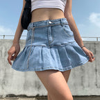 Women's High-Waisted Ruffled Lining Pleated Denim Skirt