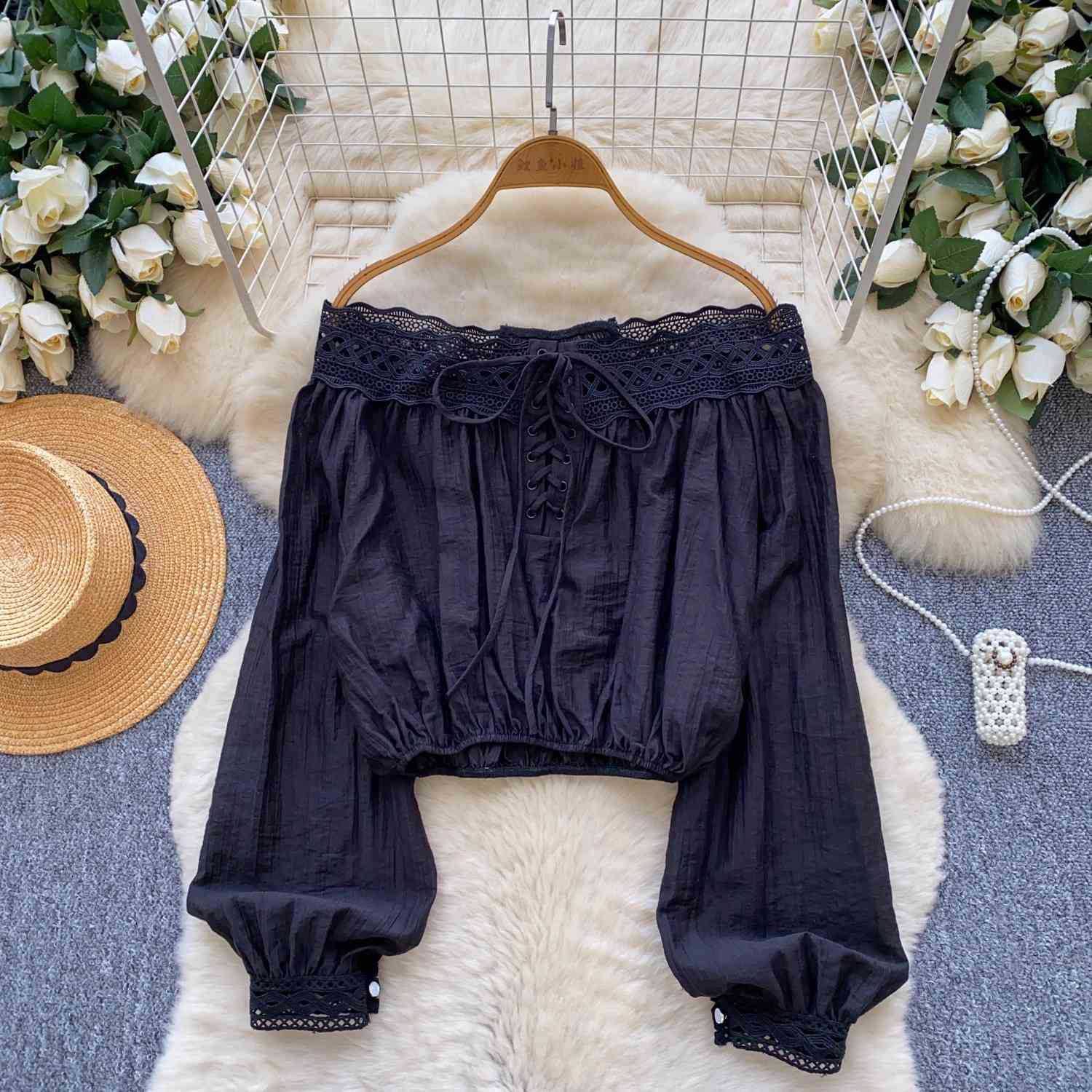 Women's Open-Shoulder Cropped Lantern-Sleeved Top