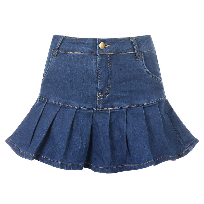 Women's High-Waisted Ruffled Lining Pleated Denim Skirt