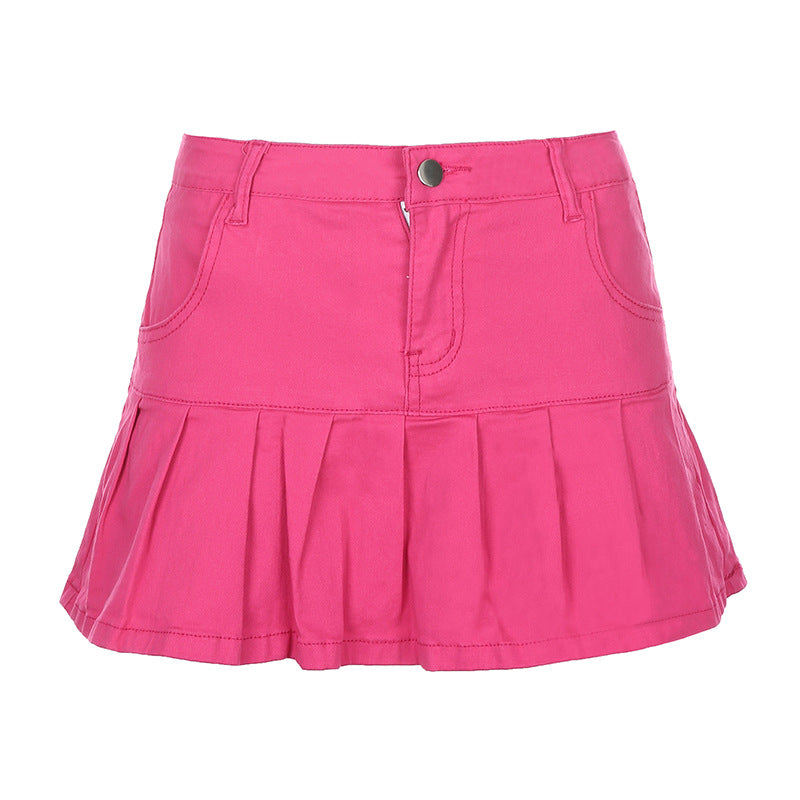 Women's High-Waisted Ruffled Lining Pleated Denim Skirt