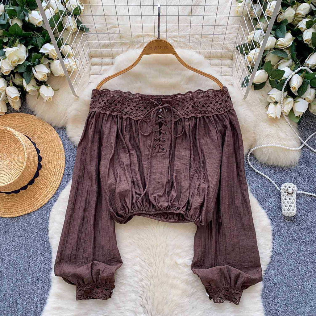 Women's Open-Shoulder Cropped Lantern-Sleeved Top