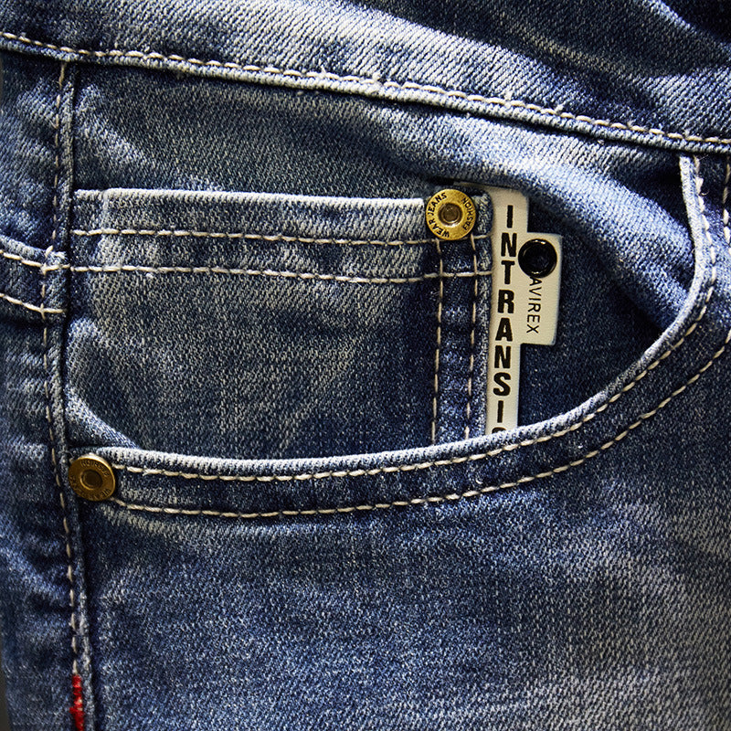 Men's Dark Blue Frayed Washed Jeans