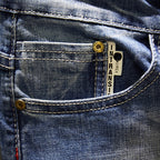 Men's Dark Blue Frayed Washed Jeans