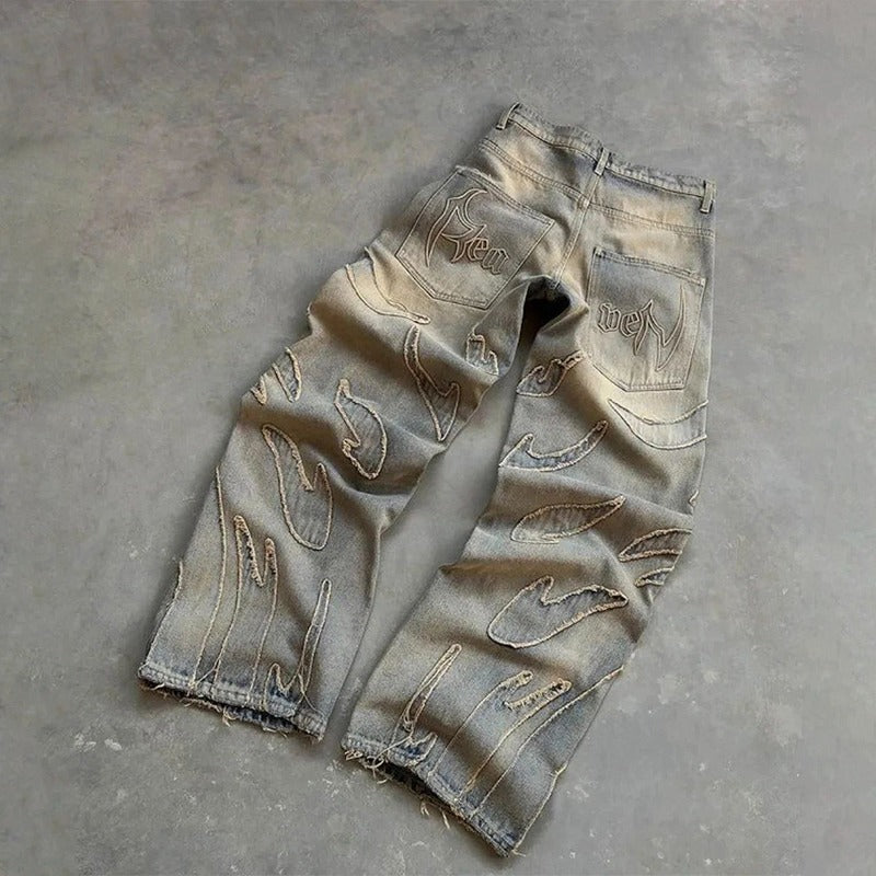 Retro Flame Pattern Embroidered Baggy Jeans
