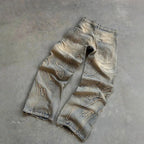 Retro Flame Pattern Embroidered Baggy Jeans