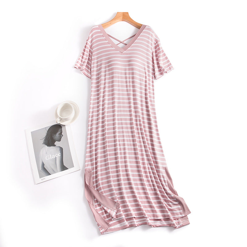 Women's Striped Short-Sleeved Nightdress With Chest Pad