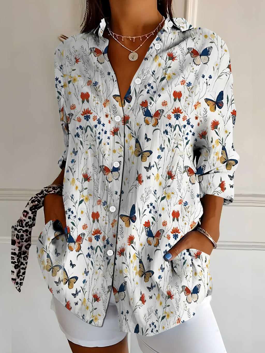 Women's Elegant Floral Print Long-Sleeve Shirt