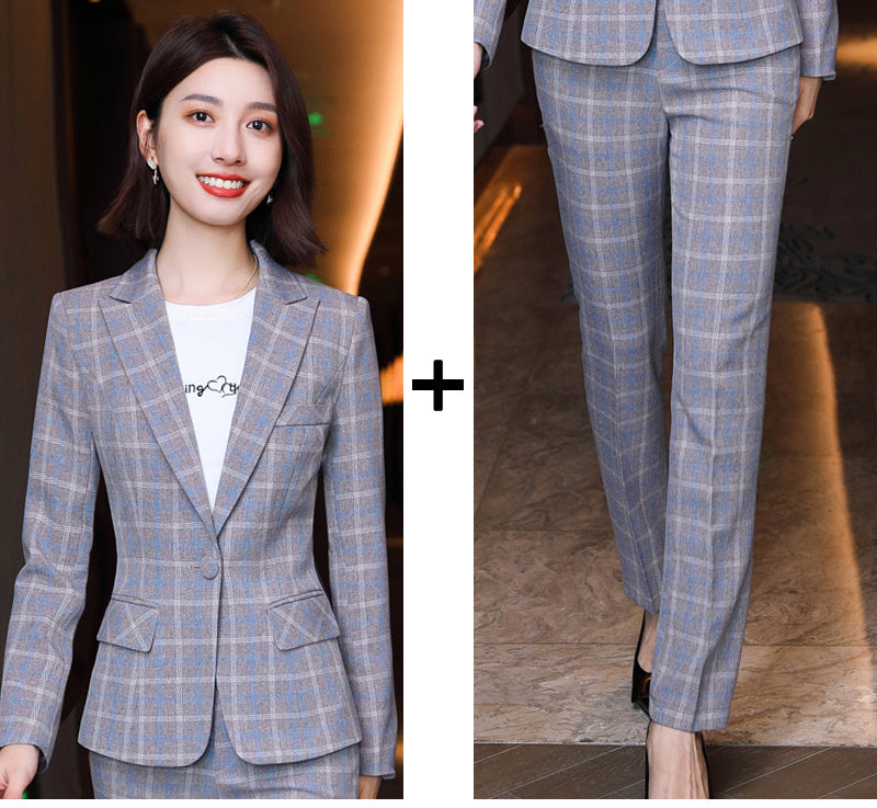 Women's Long-Sleeved Plaid Business Suit
