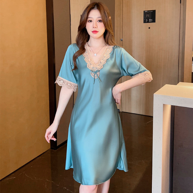 Women's Thin Lace Ice- Silk Embroidered Short Sleeve Nightdress