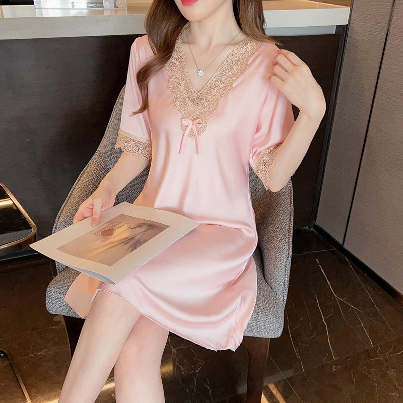 Women's Thin Lace Ice- Silk Embroidered Short Sleeve Nightdress