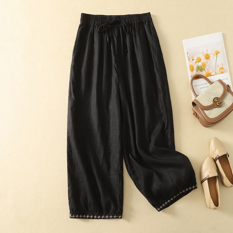 Women's Cotton Linen Embroidered Drawstringed Loose Pants