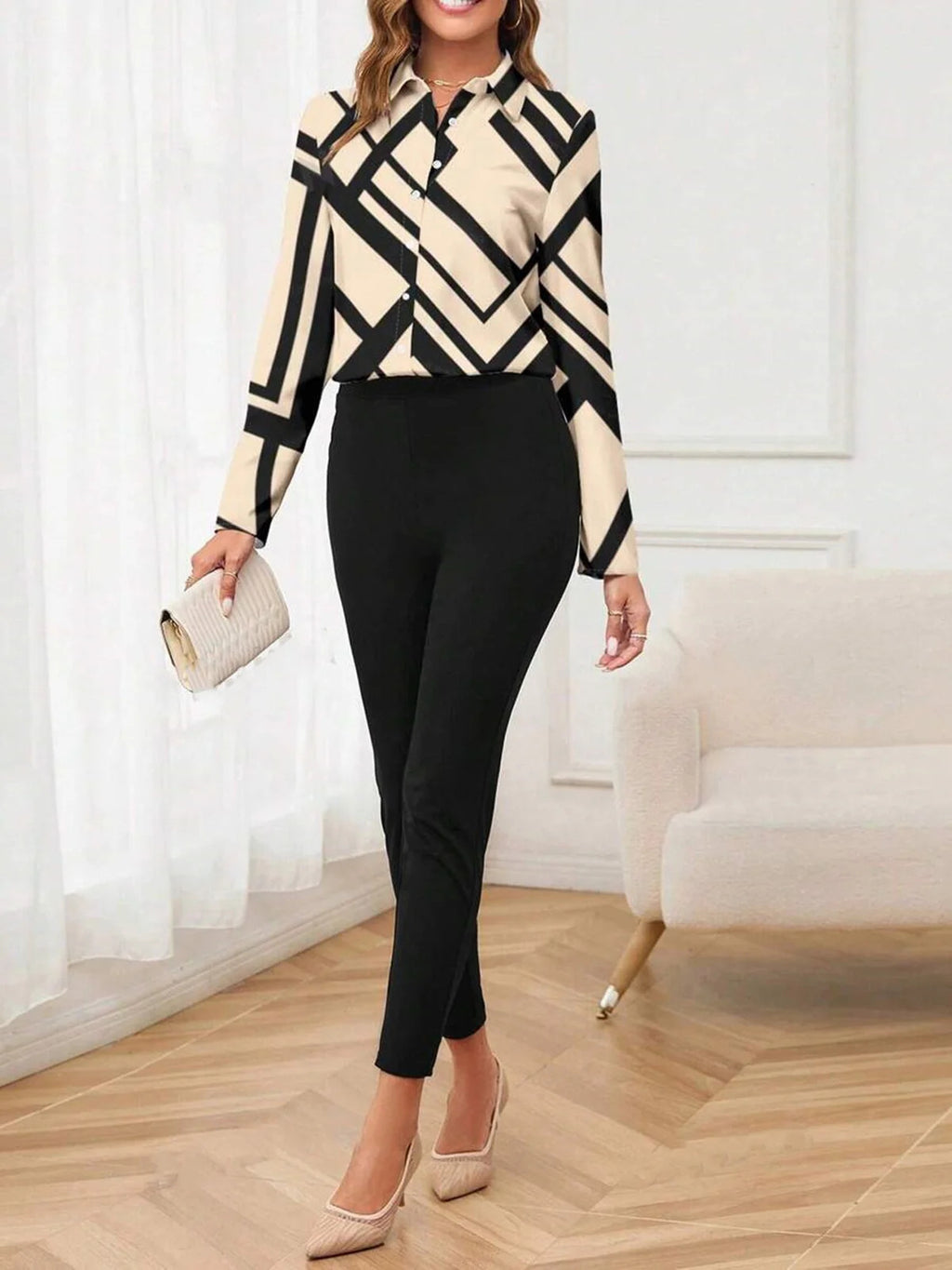 Women's Elegant Printed Long-sleeve Top