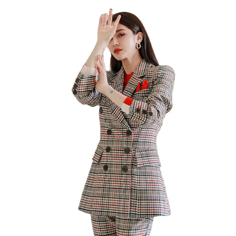 Women's Double-breasted Mixed Color Plaid Suit