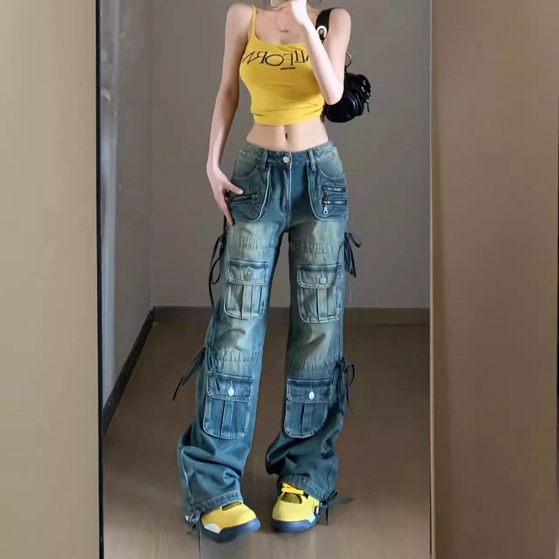 Women's Multi-pocket Washed Drawstring Jeans