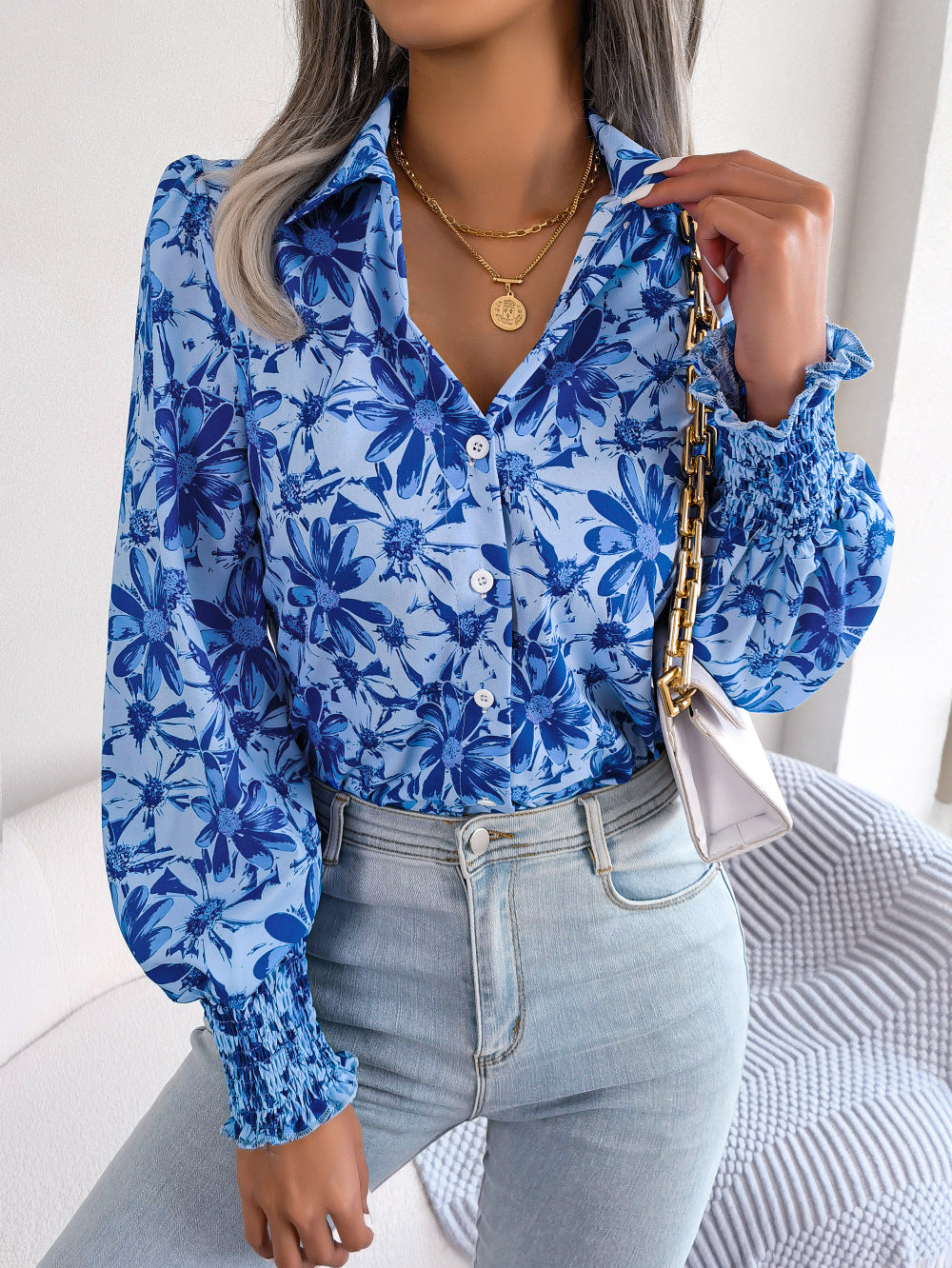 Women's Lantern Sleeve Flower Lapel Shirt