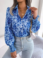 Women's Lantern Sleeve Flower Lapel Shirt