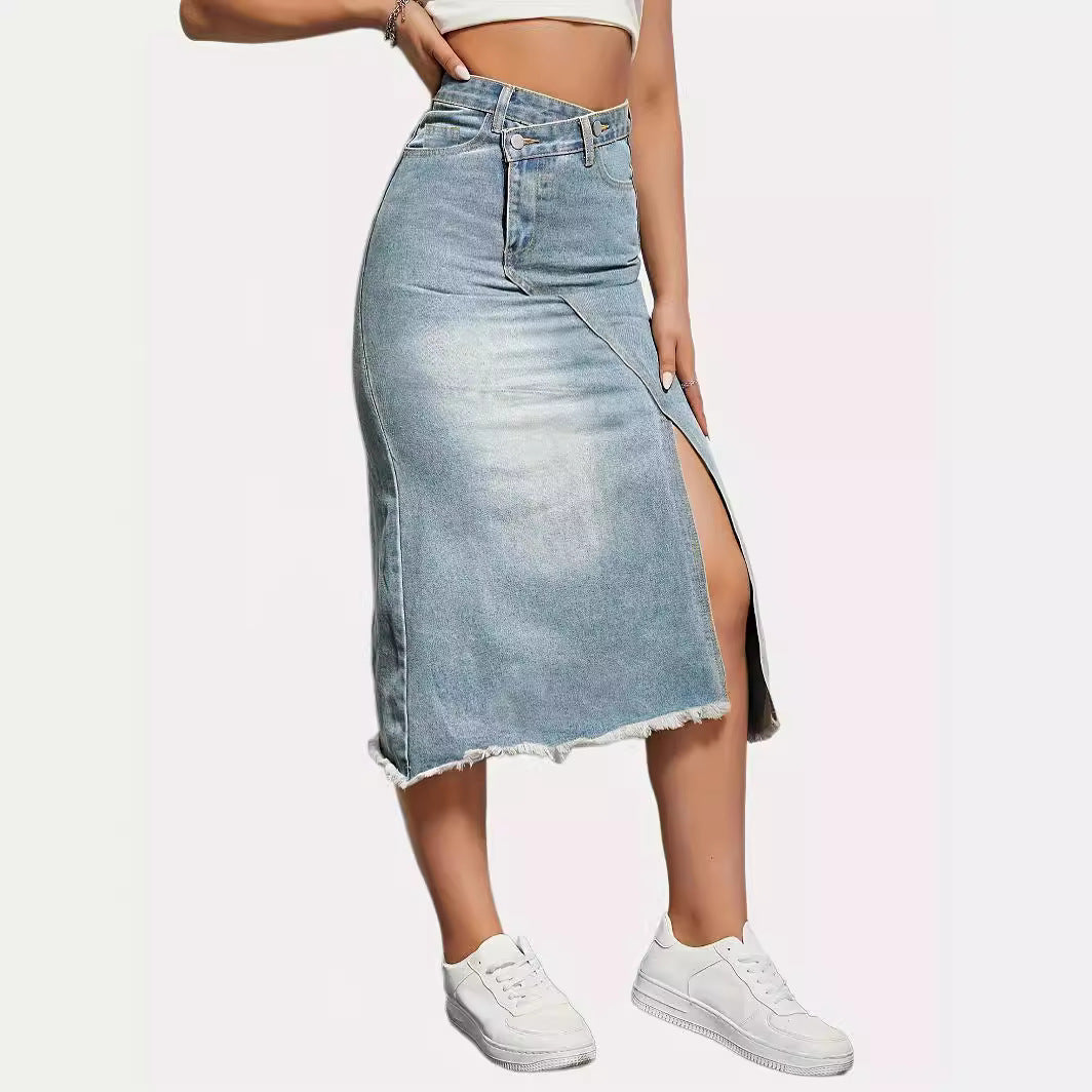 Women's Retro Denim Split Stitching Skirt