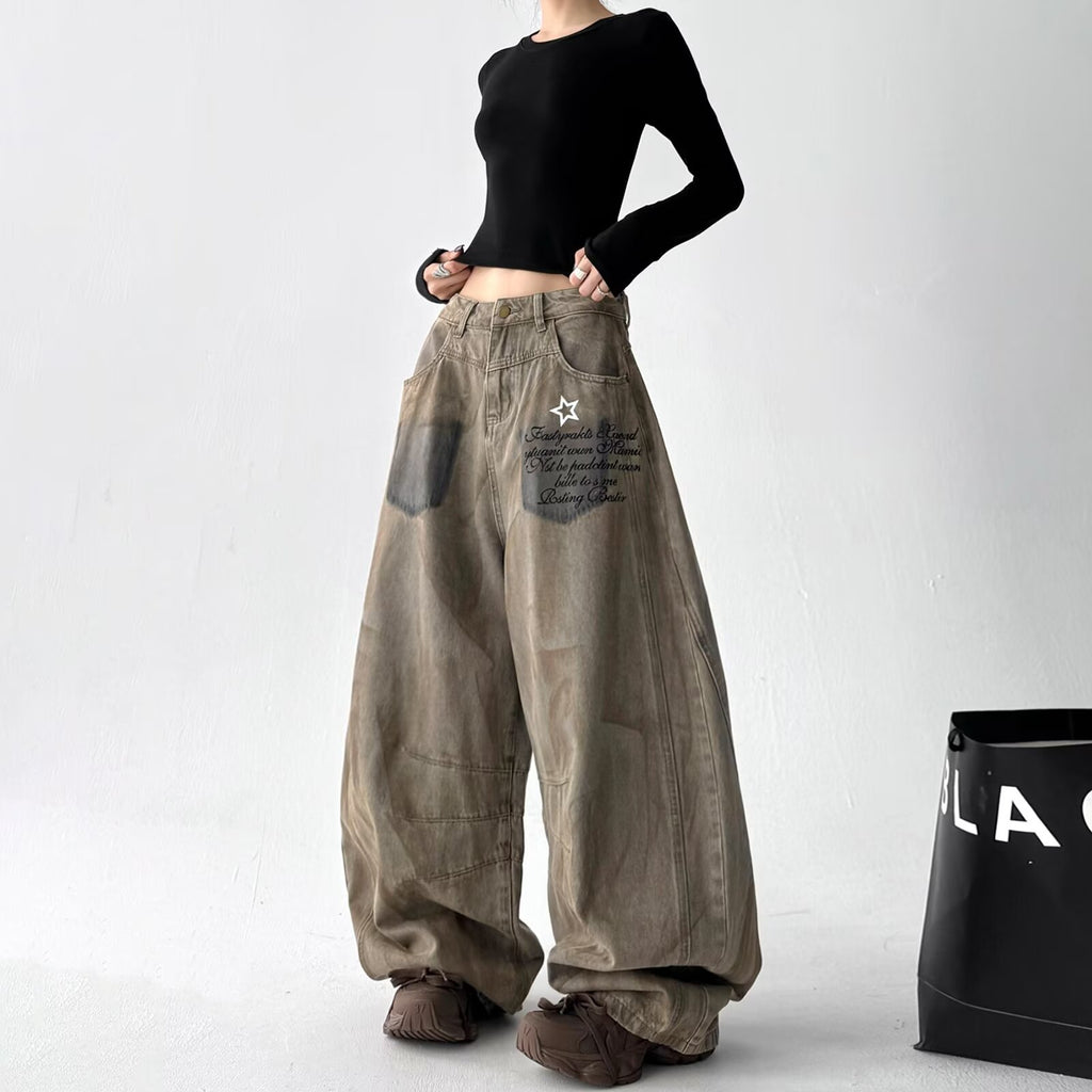 Women's Hip-Hop Loose-fit Wide-leg Curved Hem Jeans