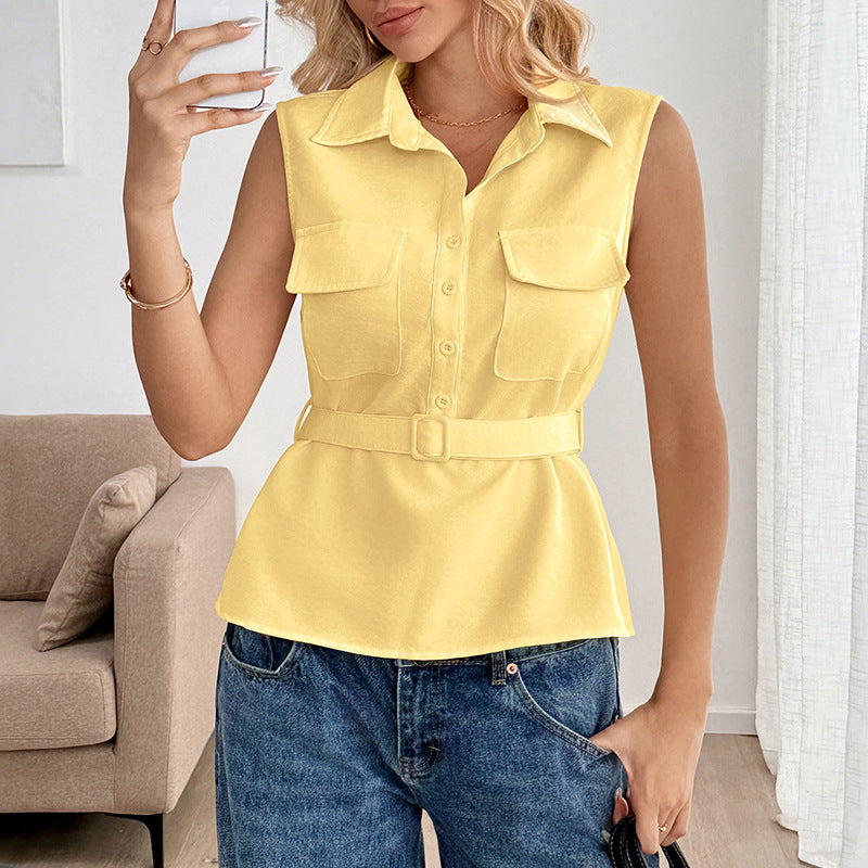 Women's Yellow Sleeveless Belted Cardigan Top