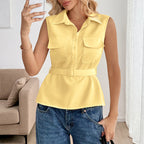 Women's Yellow Sleeveless Belted Cardigan Top