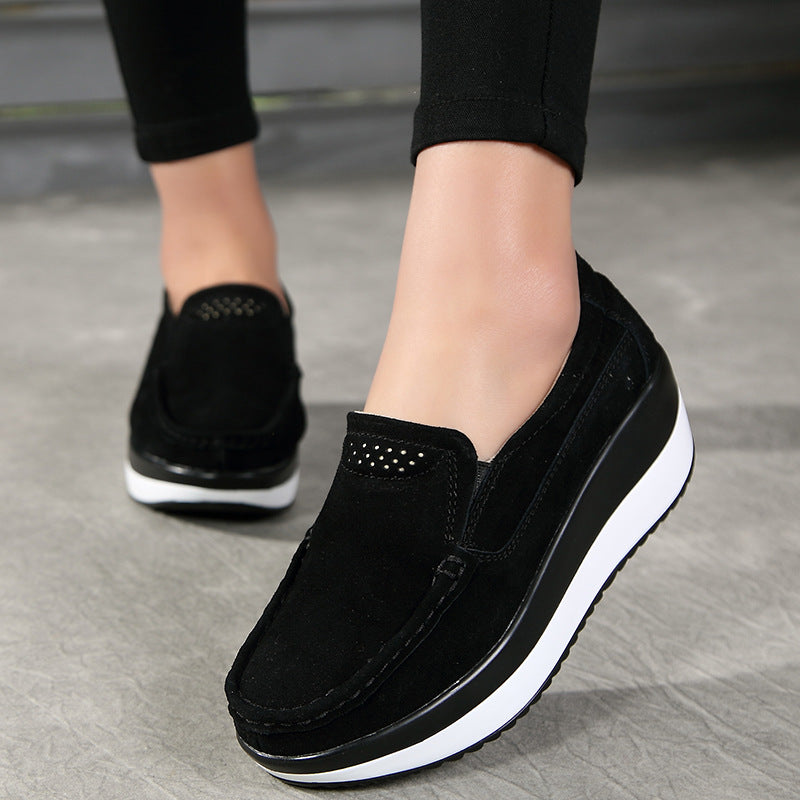 Women's Genuine Leather Flat Slip-On High Platform Shoes