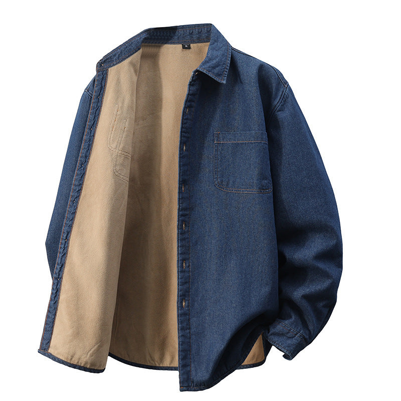 Men's Long-sleeved Fleece Lined Denim Shirt