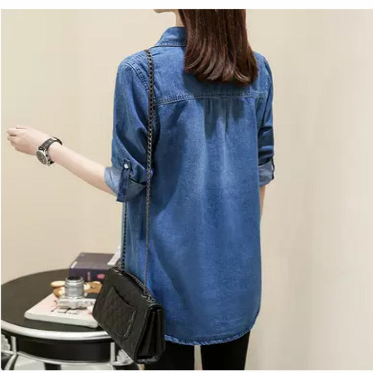 Women's Mid-length Slim-Fit Denim Shirt