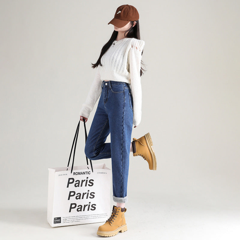 Women's Straight High Waist Thickened Fleece Padded Jeans