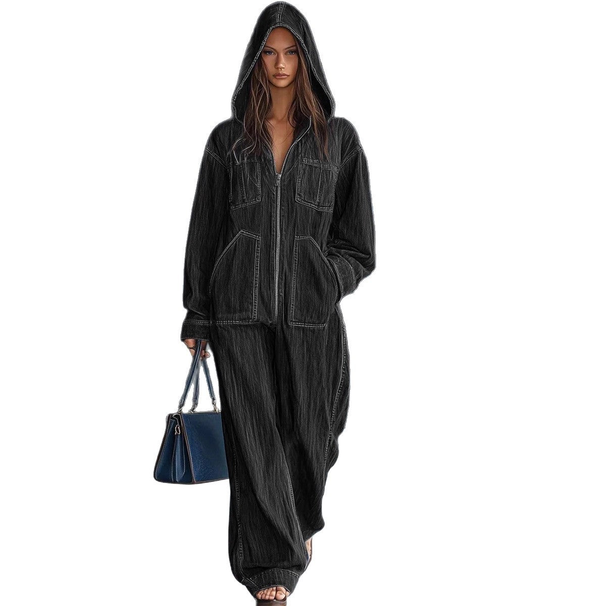Women's Hooded Overall Jeans Jumpsuit